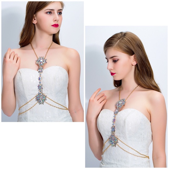 Boho Long Crystal Rhinestone Body Necklace Harness - Picture 5 of 16